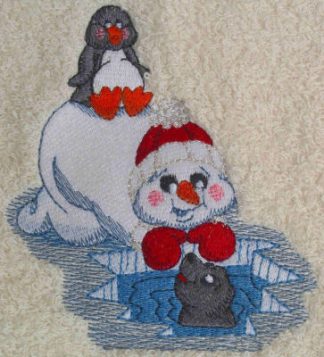 Snowman With Penguin Embroidered Bath Towels