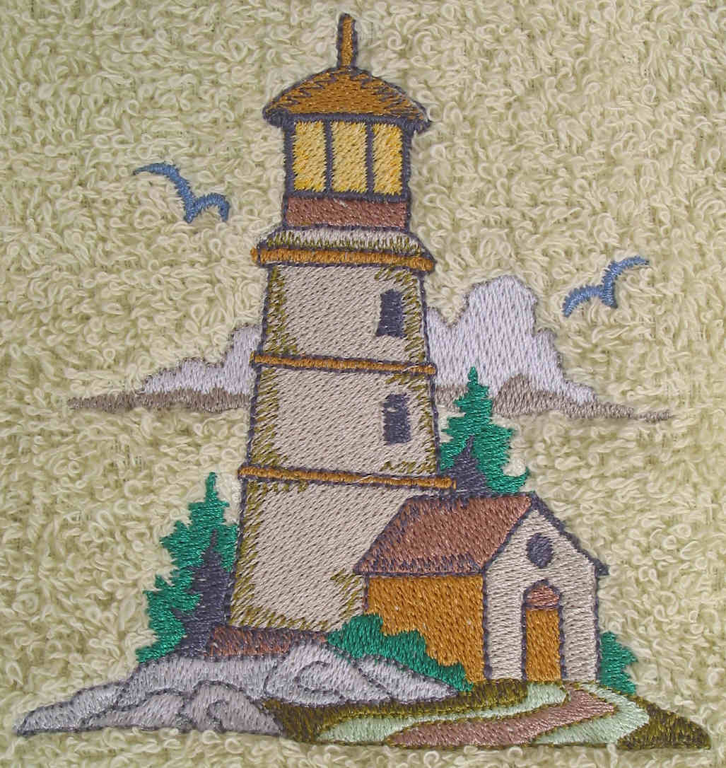 Green Lighthouse Embroidered Bath Towels
