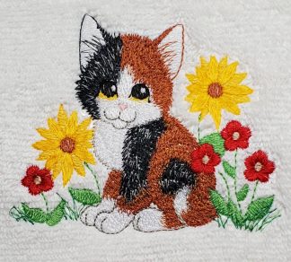 Calico Cat With Flowers Bath Towels Embroidered