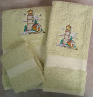 Green Lighthouse Embroidered Bath Towels