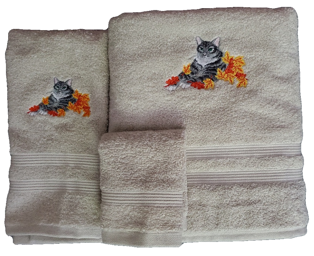 Gray Tiger Stripe Cat Bath Towels Embroidered