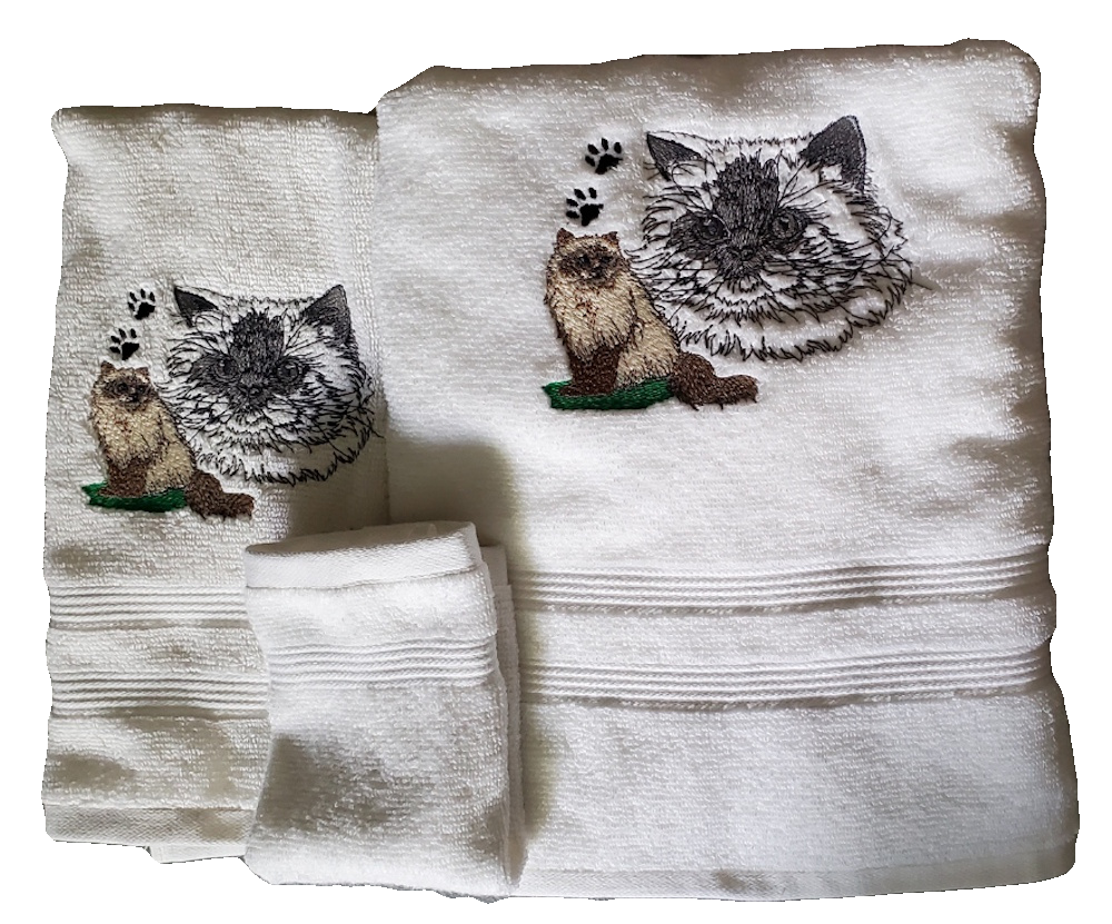 Himalayan Cat Embroidered Bath Towels