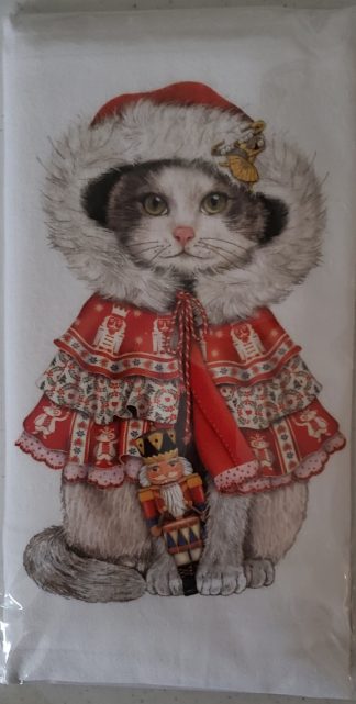 Gray and White Cat with Christmas Parka Printed Flour Sack Dish Towel