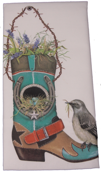Cowboy Boot Bird House Flour Sack Dish Towel