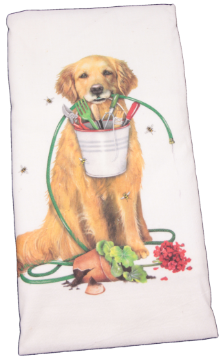 Mary Lake-Thompson Golden Retriever Garden Flour Sack Dish Towel. This printed flour sack dish towel is 100% white cotton. The actual size 30 X 30 inches.