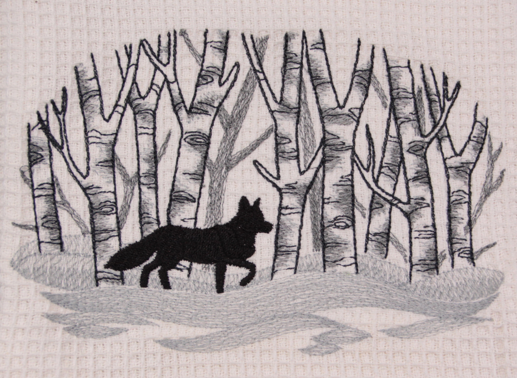 Embroidered White Waffle Weave Dish Towel - Fox in the Woods - Image 2