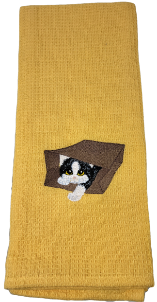 Black Cat in Bag Embroidered Waffle Weave Dish Towel