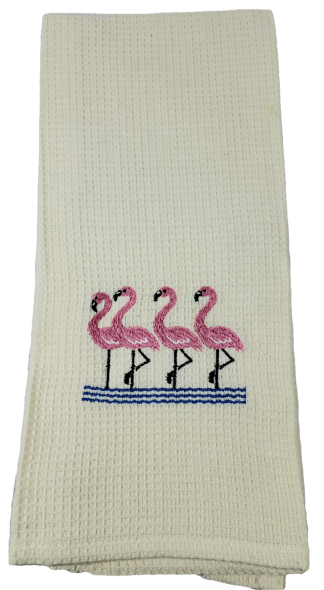 Group of Flamingos Embroidered Waffle Weave Dish Towel