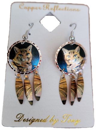 Copper Reflections Earrings Tiger Cat Design with Feathers